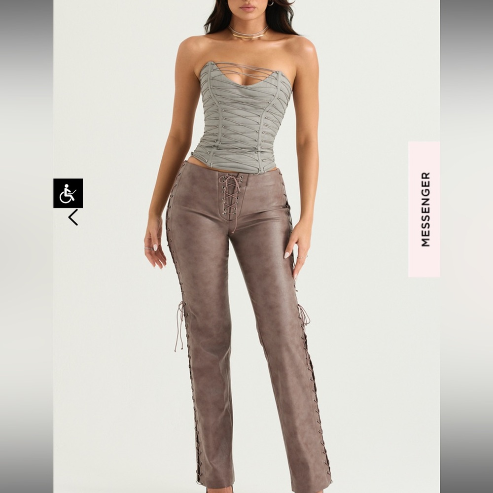 DREW MOCHA VEGAN LEATHER LACE UP TROUSERS